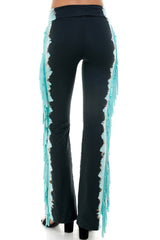 American made yoga pants in black with blue fringe trim. High quality yoga wear by T-Party