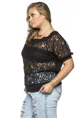 Plus Size Sheer Floral Lace Blouse with Shortsleeves