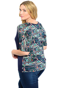 Plus Size Boho Colorful Print Lace Back Shirt