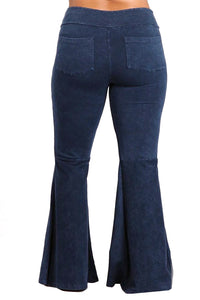 Plus Size French Terry Bell Bottom Yoga Pants with Pockets Dark Blue