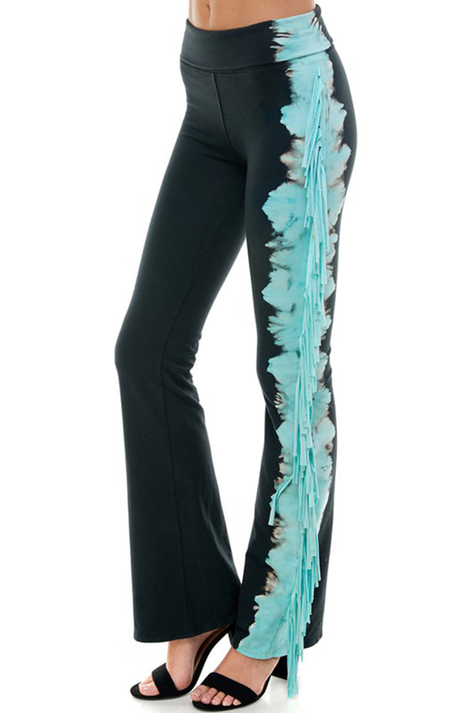 Black and Turquoise Yoga Pants with fringe detail on the legs.