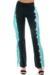 Front View of Black yoga pants with cyan blue fringe detail down the legs. Beautiful and comfortable pants with a western look.