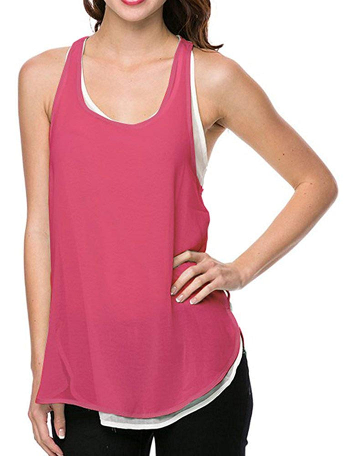 Women's Two-Tone Layered Semi Sheer Chiffon Jersey Tank Top