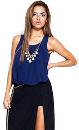 Keyhole Chiffon Blouse with Faux Pearl Necklace