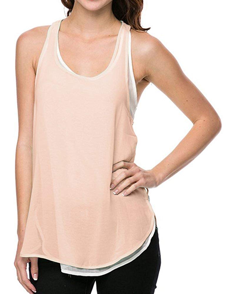 Women's Two-Tone Layered Semi Sheer Chiffon Jersey Tank Top