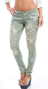 Floral Baroque Print Skinny Jeans Green