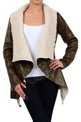 Faux Lambskin Leather Sherpa Lined Oversize Collar Coat