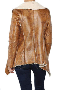 Faux Lambskin Leather Sherpa Lined Oversize Collar Coat