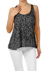Sheer Burnout Animal Print Slub Racer Tank Top