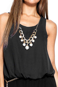 Keyhole Chiffon Blouse with Faux Pearl Necklace