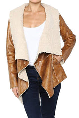 Faux Lambskin Leather Sherpa Lined Oversize Collar Coat