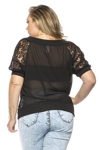 Plus Size Sheer Floral Lace Blouse with Shortsleeves