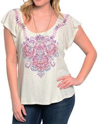 Plus Size Beige with Purple Gem Flutter Sleeve Top