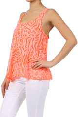 Sheer Burnout Animal Print Slub Racer Tank Top