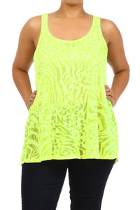 Plus Size Sheer Burnout Animal Print Slub Racer Tank Top