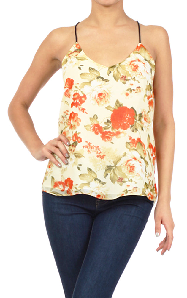 Floral Open Back Chiffon Criss-Cross Strap Slouchy Camisole