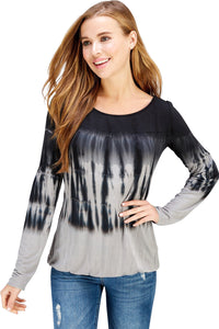 Long Sleeve Black Shibori Bubble Hem Blouse