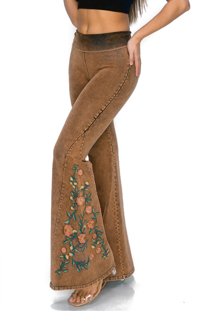 T-Party Embroidered Flowers Flare Leg Yoga Pants Brown – COTTON KITTY