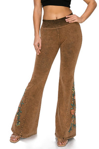 T-Party Embroidered Flowers Flare Leg Yoga Pants Brown