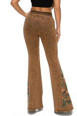 T-Party Embroidered Flowers Flare Leg Yoga Pants Brown