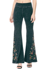 Women's floral embroidered yoga pants eith wide flared bell bottom legs. Made in America!