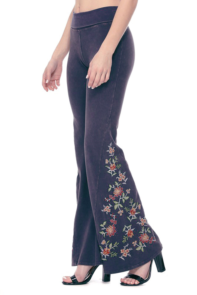 T-Party Floral Embroidered Bell Bottom Flare Leg Yoga Pants Navy