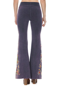 T-Party Floral Embroidered Bell Bottom Flare Leg Yoga Pants Navy