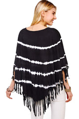 Boho Black and White Striped Tie Dye Fringe V Neck Poncho