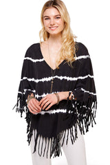 Boho Black and White Striped Tie Dye Fringe V Neck Poncho