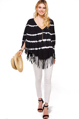Boho Black and White Striped Tie Dye Fringe V Neck Poncho