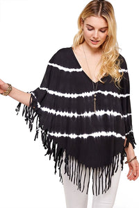 Boho Black and White Striped Tie Dye Fringe V Neck Poncho