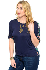 Plus Size Boho Colorful Print Lace Back Shirt