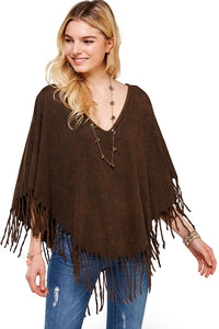 Boho Mineral Wash Fringe V Neck Western Poncho