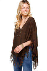 Boho Mineral Wash Fringe V Neck Western Poncho