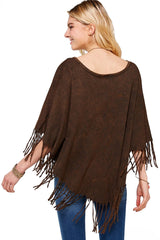 Boho Mineral Wash Fringe V Neck Western Poncho