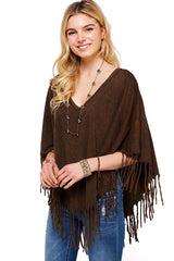 Boho Mineral Wash Fringe V Neck Western Poncho
