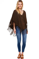 Boho Mineral Wash Fringe V Neck Western Poncho