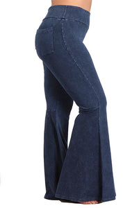 Plus Size French Terry Bell Bottom Yoga Pants with Pockets Dark Blue