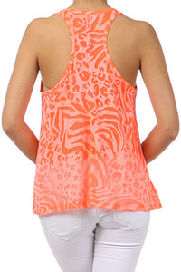 Sheer Burnout Animal Print Slub Racer Tank Top