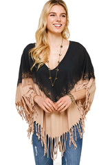 Boho Western Fringe Dip Dye V Neck Poncho Throw-Over