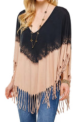 Boho Western Fringe Dip Dye V Neck Poncho Throw-Over
