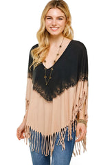 Boho Western Fringe Dip Dye V Neck Poncho Throw-Over