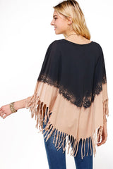 Boho Western Fringe Dip Dye V Neck Poncho Throw-Over
