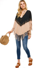 Boho Western Fringe Dip Dye V Neck Poncho Throw-Over